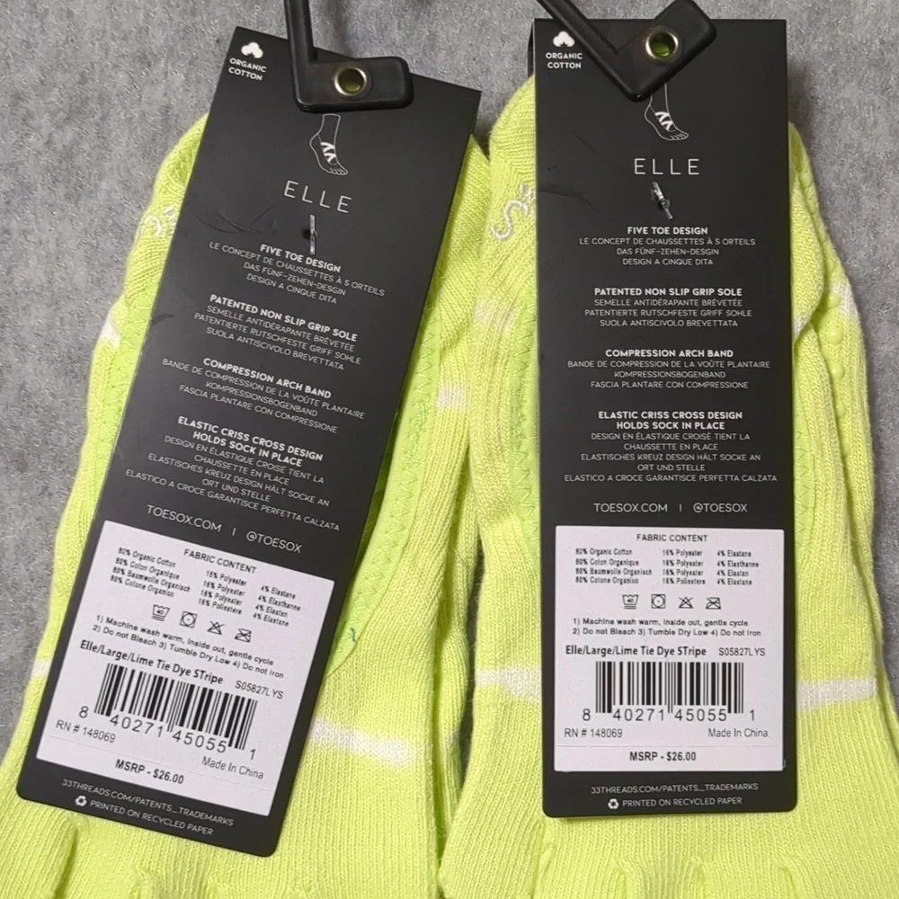 Toesox Lot Of 2 Full Toe Elle Pride Grip Women's Socks Size Large (11-13)